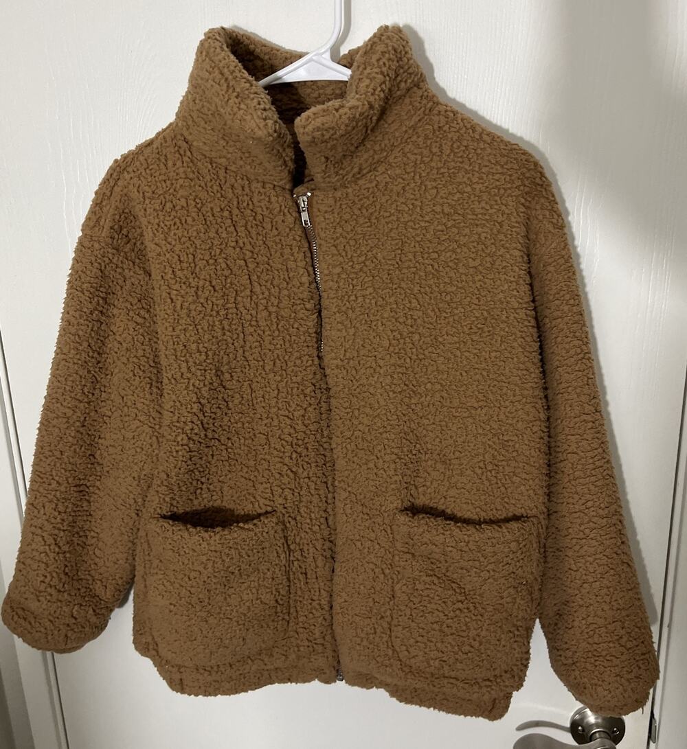 Sherpa Jacket Womens Size Large Brown Cropped Fuzzy Fleece Button Down Coat EUC